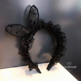 韩国蕾丝褶皱花边，发箍发圈黑色压发兔耳朵，气质头箍发卡蝴蝶结头绳