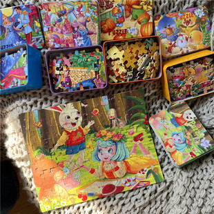 120片卡通人物铁盒木质，拼图幼儿园早教，益智儿童玩具拼板