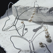 25summer原创设计甜酷夸张镂空线条，银色大蝴蝶珍珠耳环个性耳夹女