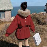 红色派克服女冬2023收腰学生韩系加绒厚小个子，大毛领棉服