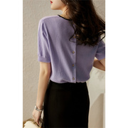 紫色短袖t恤上衣女夏法式(夏法式)设计圆领，宽松打底蝴蝶结显白冰丝针织衫