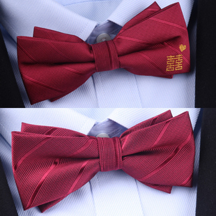 时尚双层红色领结男结婚新郎婚礼喜蝴蝶结，伴郎兄弟团黑色西装领带