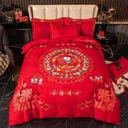 高档百子图四件套全棉纯棉红色结婚婚庆加厚磨毛床单被罩双人床上