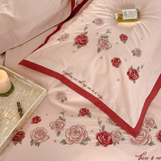 100支玫瑰刺绣婚庆四件套喜庆新婚红色被套浪漫结婚婚房床上用品