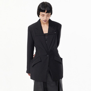 设计感小众黑色西装外套模特秀款一粒扣显瘦廓形中长款西服上衣潮