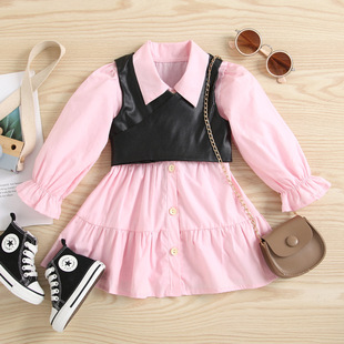 kikobaby跨境婴幼儿粉红+衬衫，连衣裙+黑色pu皮，马夹背心女婴童套装
