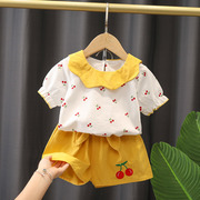 女宝宝夏季两件套洋气女童装，娃娃领樱桃，夏装时髦女孩短袖套装