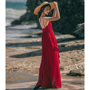 弥古红色雪纺吊带连衣裙女夏海边拍照沙滩裙超仙，三亚度假露背长裙