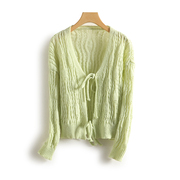 绿色v领勾花镂空小众开衫，女外套系带针织衫，长袖春秋季薄短款上衣