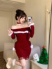 圣诞翻领一字肩针织连衣裙女秋冬毛球蕾丝拼接氛围感红色包臀裙子