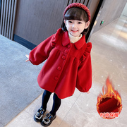 女童红色外套秋冬装儿童，韩版飞袖加厚呢子衫女宝宝过年服毛呢大衣
