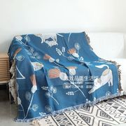 外贸地中海北欧卡通猫咪双面编织流苏线毯沙发罩装饰盖布桌布