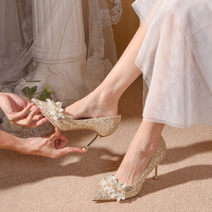 结婚鞋女新娘鞋秀禾主婚纱，两穿2024年春季香槟色高跟鞋不累脚