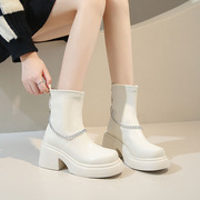 韩式裸靴马丁靴女厚底皮靴冬粗跟防水台高跟圆头后拉链小香风短靴