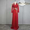 2024礼服裙红色旗袍鱼尾红毯秀中国风主持人长裙长袖气质长裙