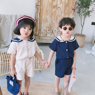 男童学院风童装夏季韩版海军风棉麻短袖宝宝短裤女童两件套兄妹装