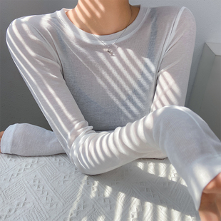 白色长袖t恤女2024透明高级网纱上衣，内搭打底衫时尚洋气小衫