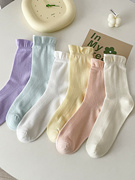 白色袜子女中筒春秋季松口纯棉秋季薄款透气堆堆长筒月子袜孕妇袜
