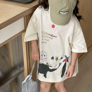 女童夏装2024韩版儿童短袖T恤夏中大童宽松休闲洋气涂鸦上衣