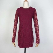 品牌折扣酒红色镂空蕾丝圆领套头衫时尚修身性感长袖打底长衫