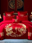 新婚庆大红色四件套天丝棉绣花被套结婚礼家纺床上用品1.5/1.8床