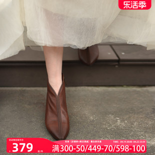 artmu阿木原创复古靴子女2023短靴，女春秋单靴粗中跟尖头踝靴