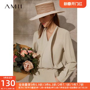 amii高级感雪纺衬衫女2021年秋季配腰带，v领不规则薄款上衣