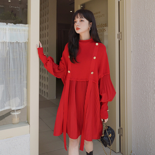 针织红色连衣裙女长袖春秋女装2023年春装宽松褶皱本命年长裙