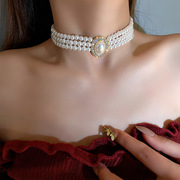 多层珍珠镶钻颈链法式宫廷风复古项链设计感网红水钻短款锁骨链潮