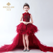 儿童拖尾礼服公主裙蓬蓬，纱女童模特，走秀晚礼服红色中式钢琴表演服