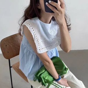 韩国chic夏季减龄穿搭圆领无袖条纹娃娃衫拼接钩花镂空大翻领衬衫