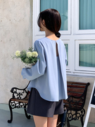 韩国chic2024小众设计露背纯色雪纺衫圆领衬衣宽松长袖韩版衬衫