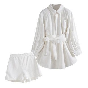 白色灯笼袖衬衣短裤两件套女2024中长款束腰衬衫女设计感小众