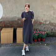 韩版灰色T恤连衣裙女夏季2023高级感宽松泡泡袖显瘦直筒长裙