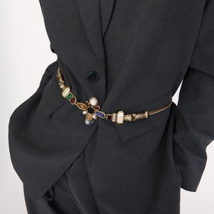 PDO 波西米亚拼色珍珠猫眼多元素做旧款腰带腰链欧美皮带复古中古