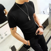 潮男针织中领短袖T恤时尚男士韩版修身半高领纯色线衫紧身打底衫