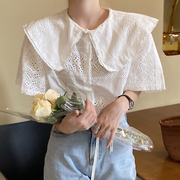 韩国chic夏季法式减龄娃娃，领镂空钩花设计宽松百搭短袖衬衫上衣女
