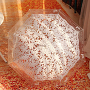 日韩高档唯美印花透明伞创意，长柄雨伞浪漫花朵拍照直柄清新白色伞