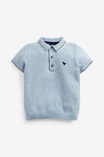 英国NEXT童装夏小男童蓝色针织织纹纯棉短袖polo衬衫