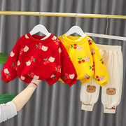 早冬装男女童0-4岁加绒卫衣长袖套装宝宝卡通休闲加厚两件套3
