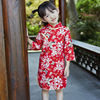 女童旗袍中国风春秋长袖改良纯棉复古唐装，红色礼服修身儿童连衣裙