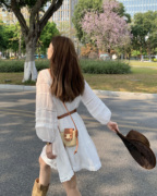 波西米亚白色衬衫连衣裙女春夏季法式泡泡袖小白裙短裙民族风裙子