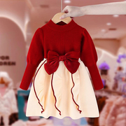 女童毛衣裙(毛衣裙)秋冬款，2023洋气小女孩时髦连衣裙儿童红色过年裙子