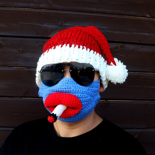 圣诞小红帽子秋冬保暖手工编织大胡子冷帽男生个性创意搞怪毛线帽