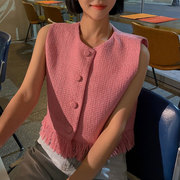 韩国chic春夏法式小香风圆领拼接流苏毛边设计宽松粗花呢背心马甲