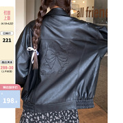 cckok蝴蝶结刺绣pu黑色皮衣，2024春季高级chic机车，风短外套女