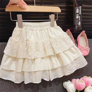 2024夏季韩版洋气女童裙子时髦夏装儿童纯棉蕾丝蓬蓬蛋糕半身短裙