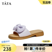 tata他她牛皮一字拖鞋女蝴蝶结平底凉鞋女春季年夏季yaw01bt3