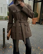 韩国女装W2023冬款大气英伦风多口袋复古翻领腰带毛呢外套