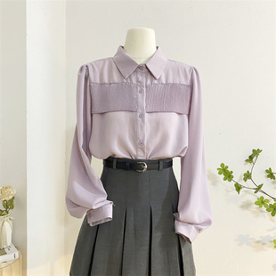 紫色法式复古polo领长袖雪纺，衬衫女2024春褶皱，设计感洋气小衫上衣
